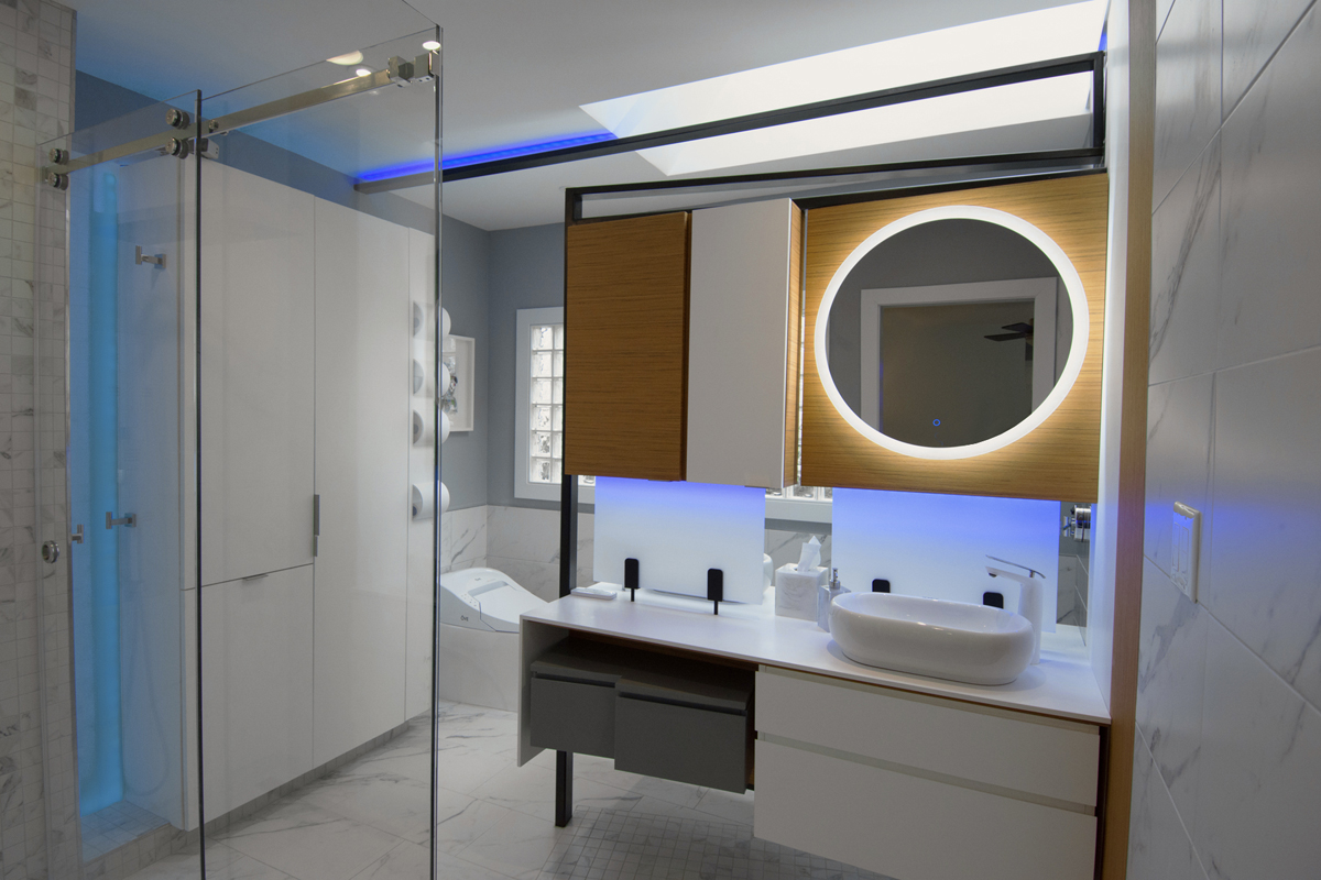 Luxury modern bathroom remodel with custom designed 2-sided vanity, Charlotte NC