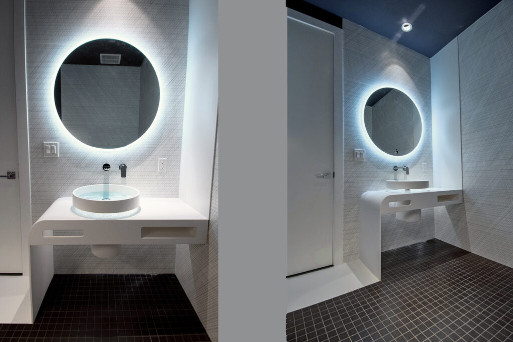 Small modern luxury powder room remodel with custom designed vanity console