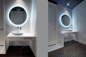 Small modern luxury powder room remodel with custom designed vanity console